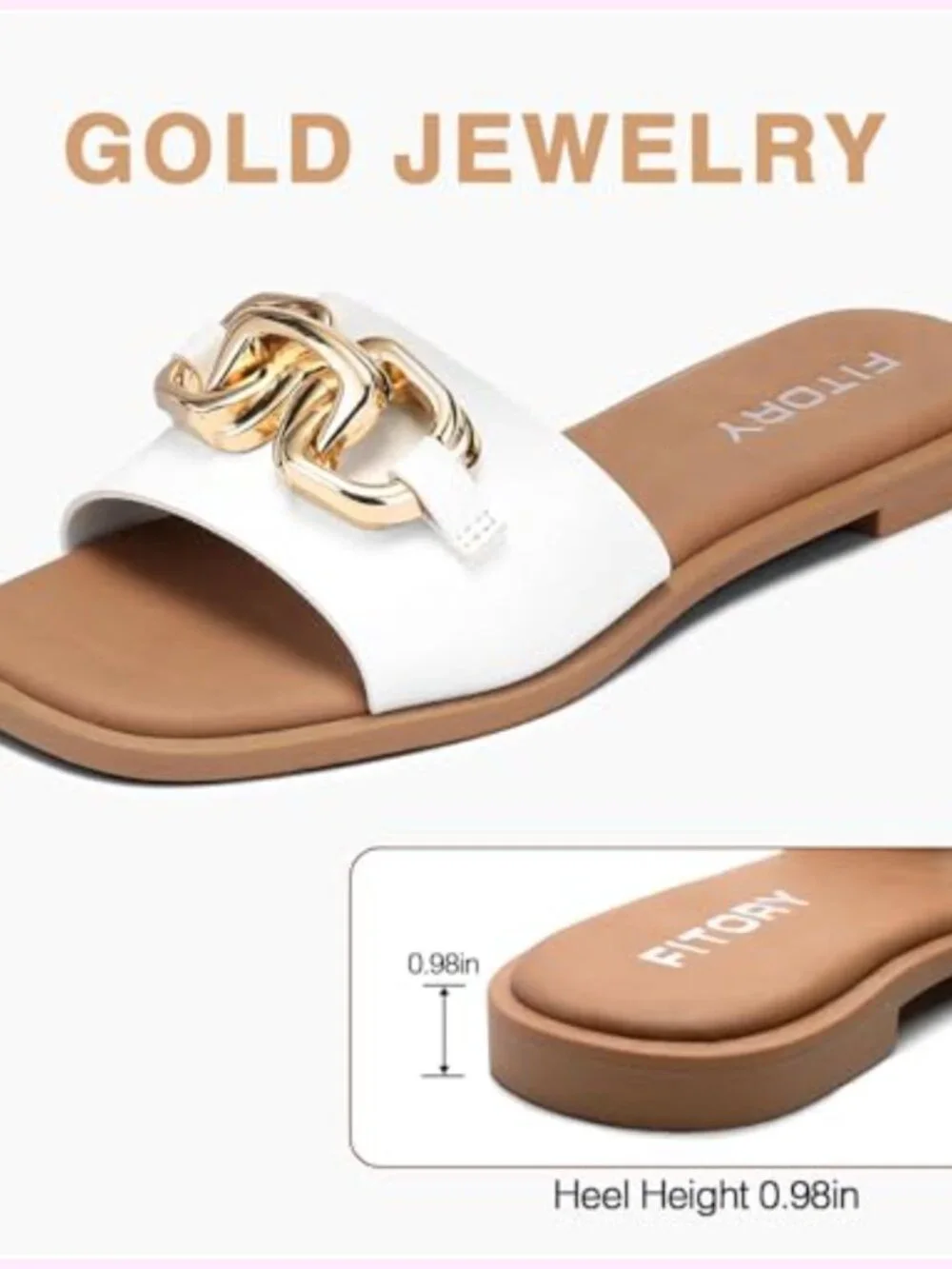 Faux Leather Slide Sandals with Gold Jewelry Decor Open Toe Flat Slippers Summer